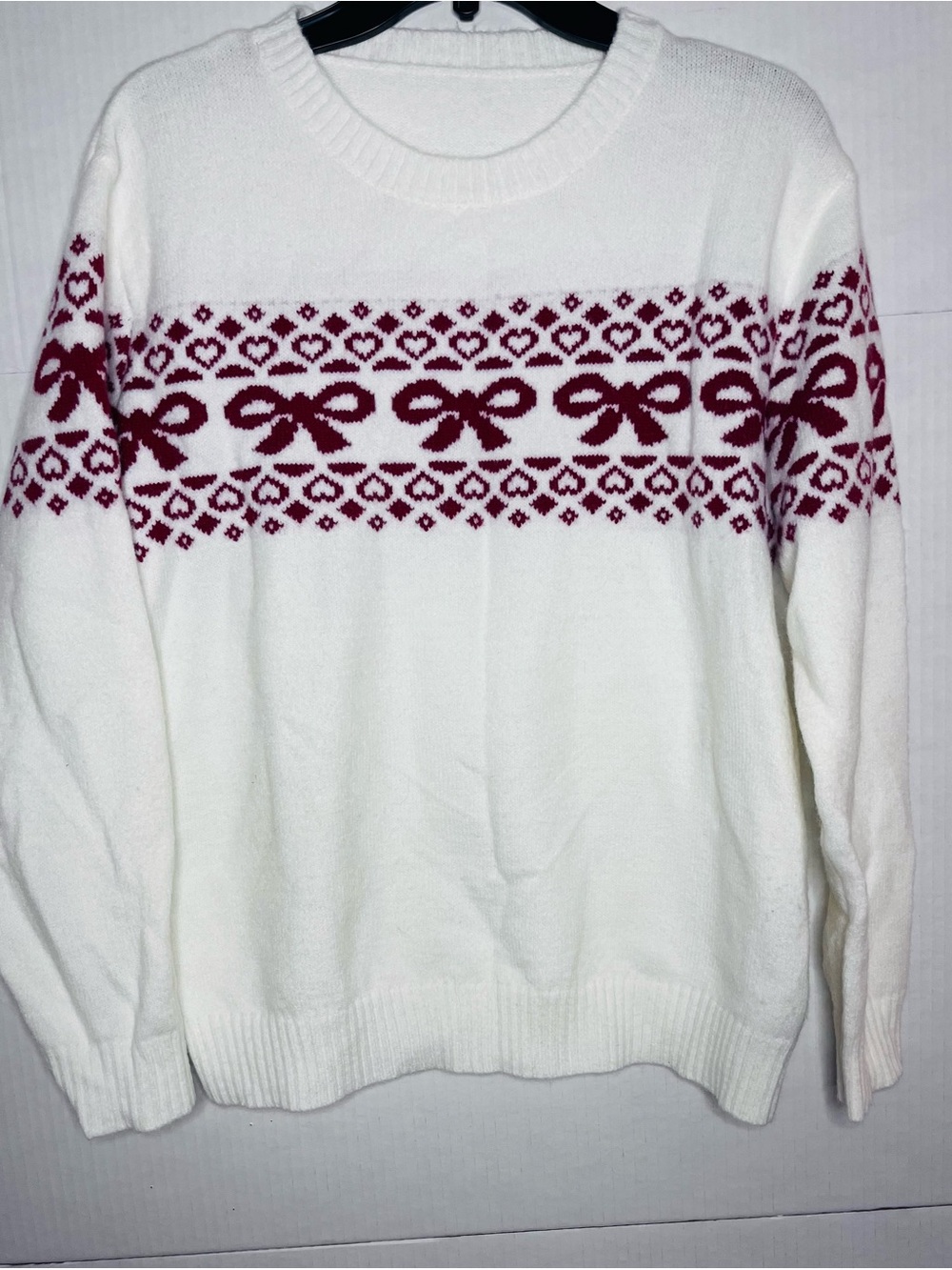 SHEIN White Crewneck Sweater with Burgundy Bow Fair Isle